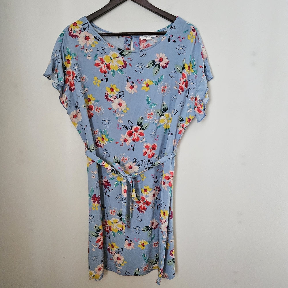 beachlunchlounge Floral Blue Shift Dress Belt Mini Short Sleeve Casual Large - Picture 13 of 13